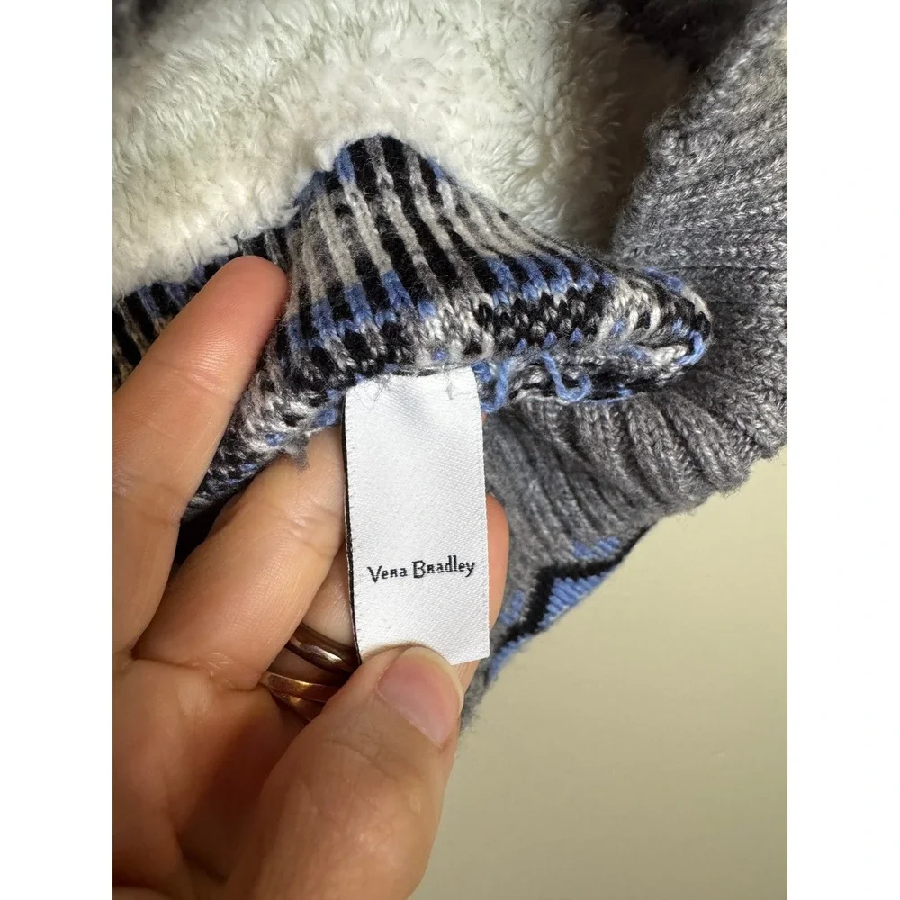 Vera Bradley Fair Isle Knit Beanie Hat Grey Blue Faux Fur Pom Fleece Lined Women